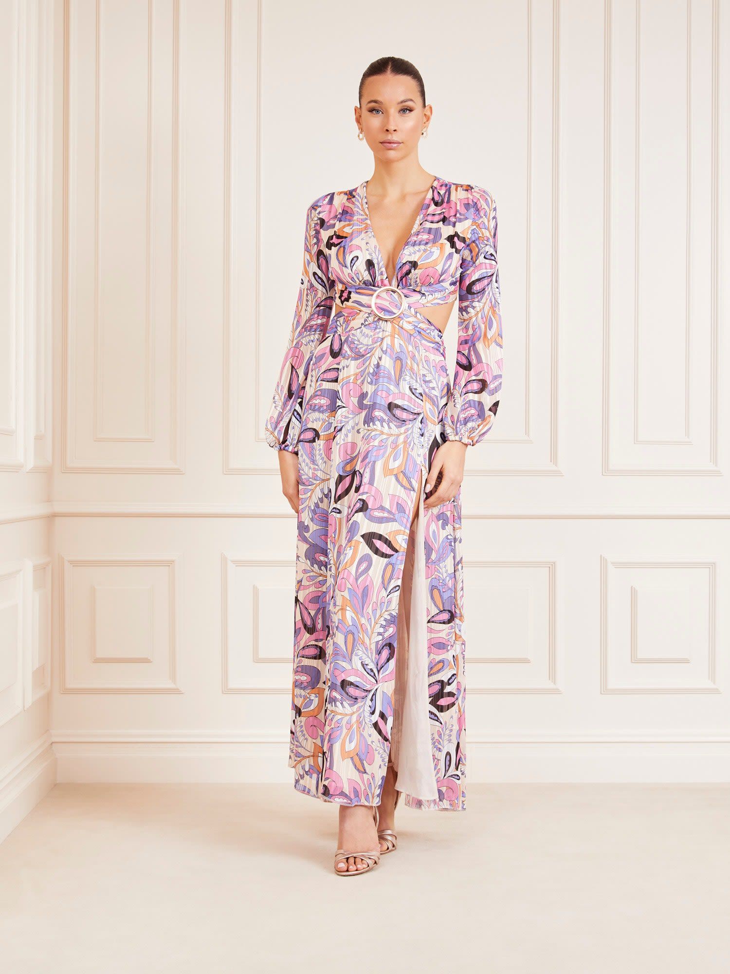 Shop GUESS Marciano paisley lurex print long dress, Pink