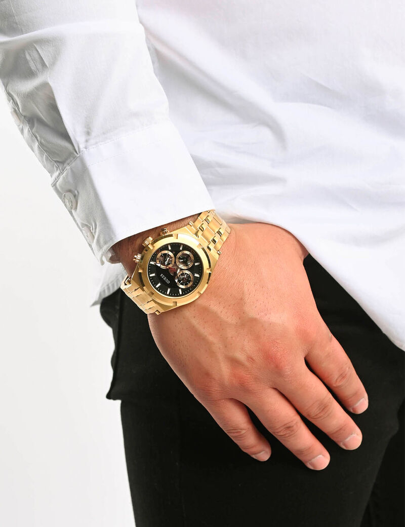 ساعة يد متعددة الوظائف باللونين الأسود والذهبي