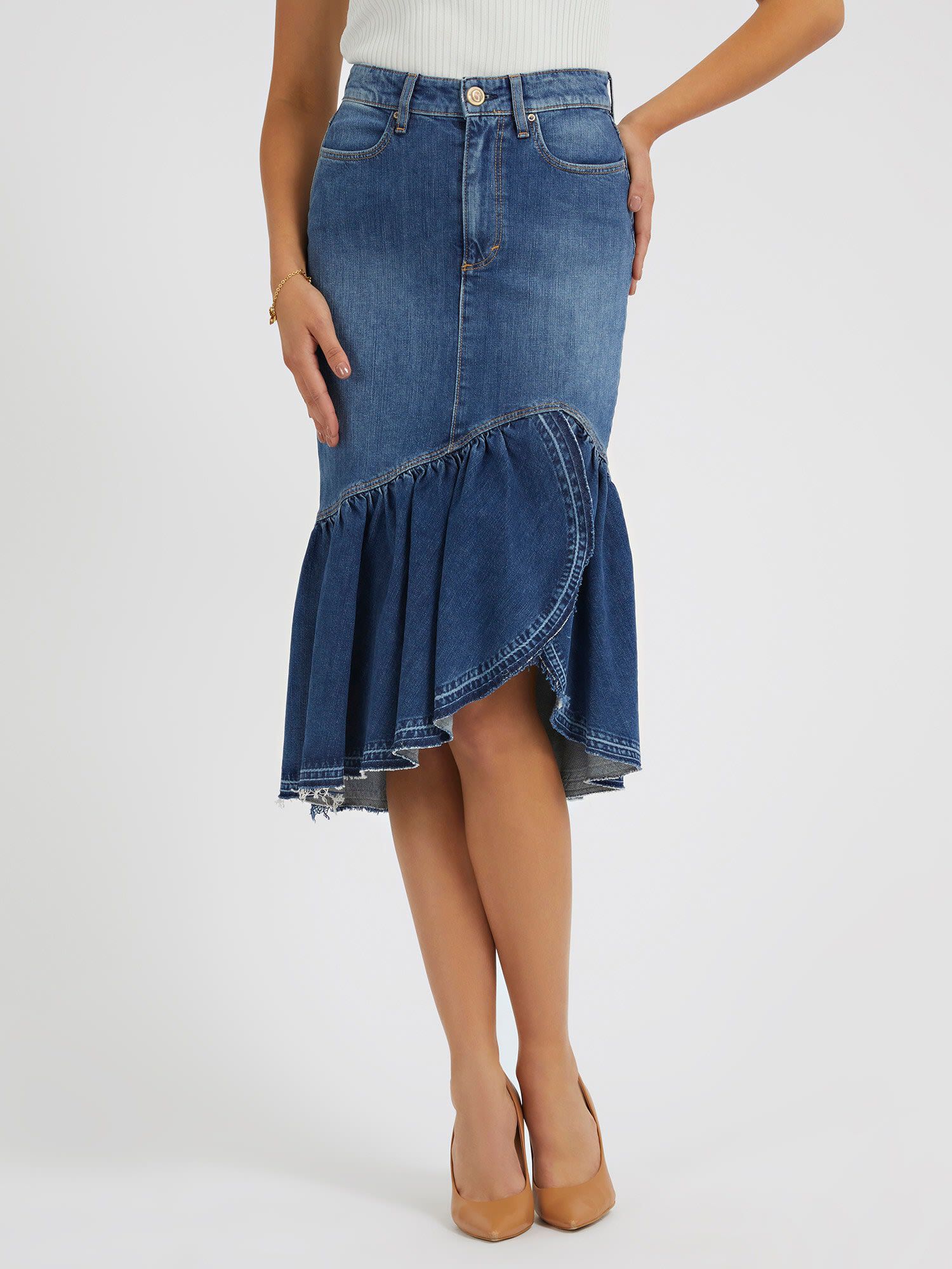 Denim skirt shop with ruffle