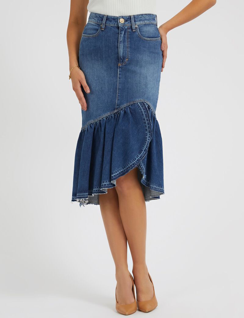 Shop GUESS Online Ruffled Denim Skirt