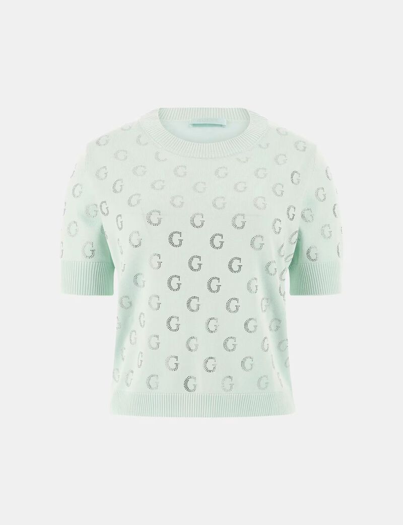 guess cropped rhinestone logo sweater