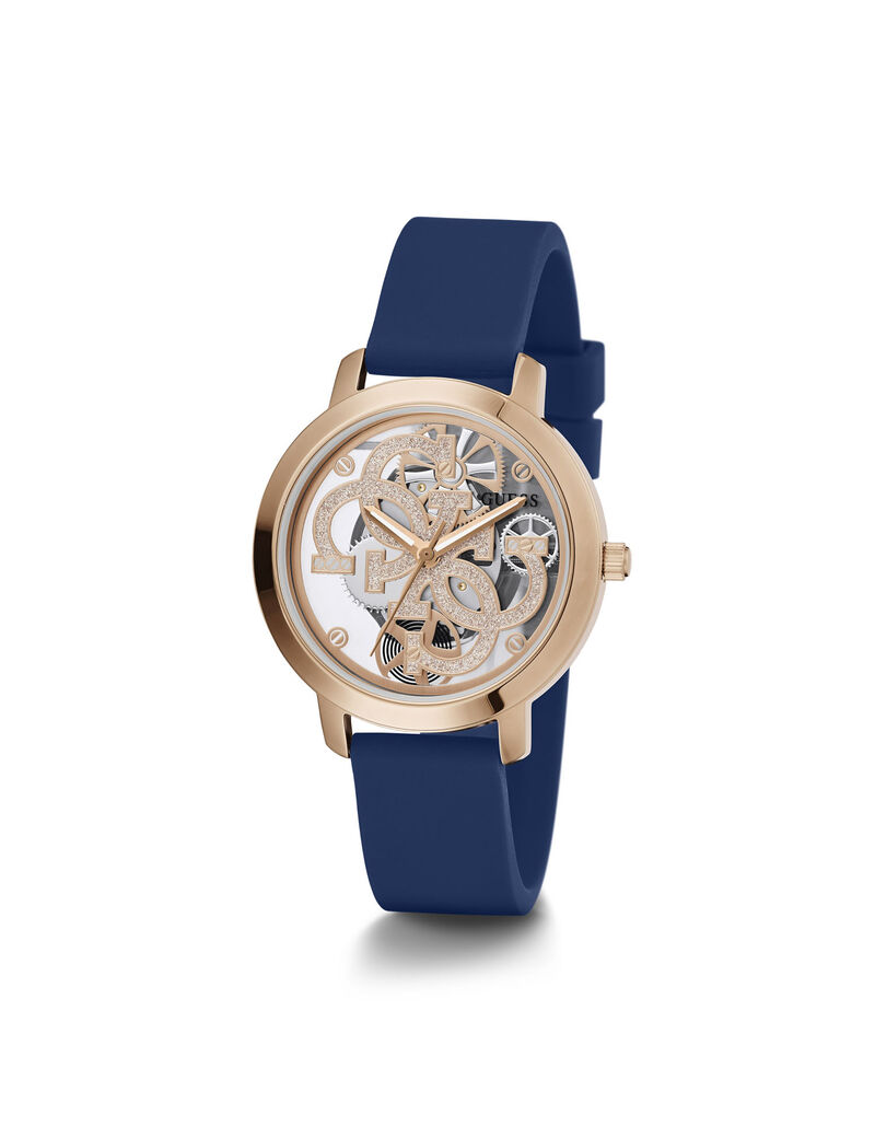 ساعة يد مزينة بالشعار وحبيبات براقة باللون الذهبي الوردي