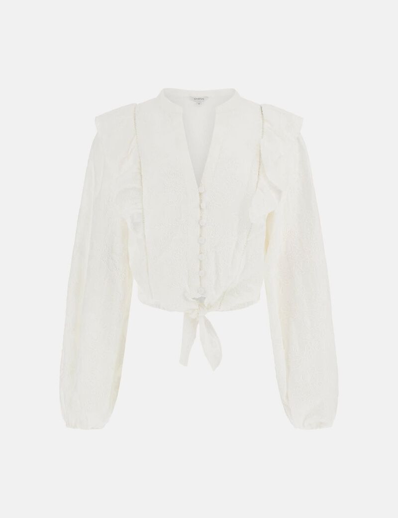Embroidered tie-front blouse