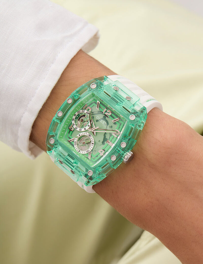 guess mens white green multi function watch