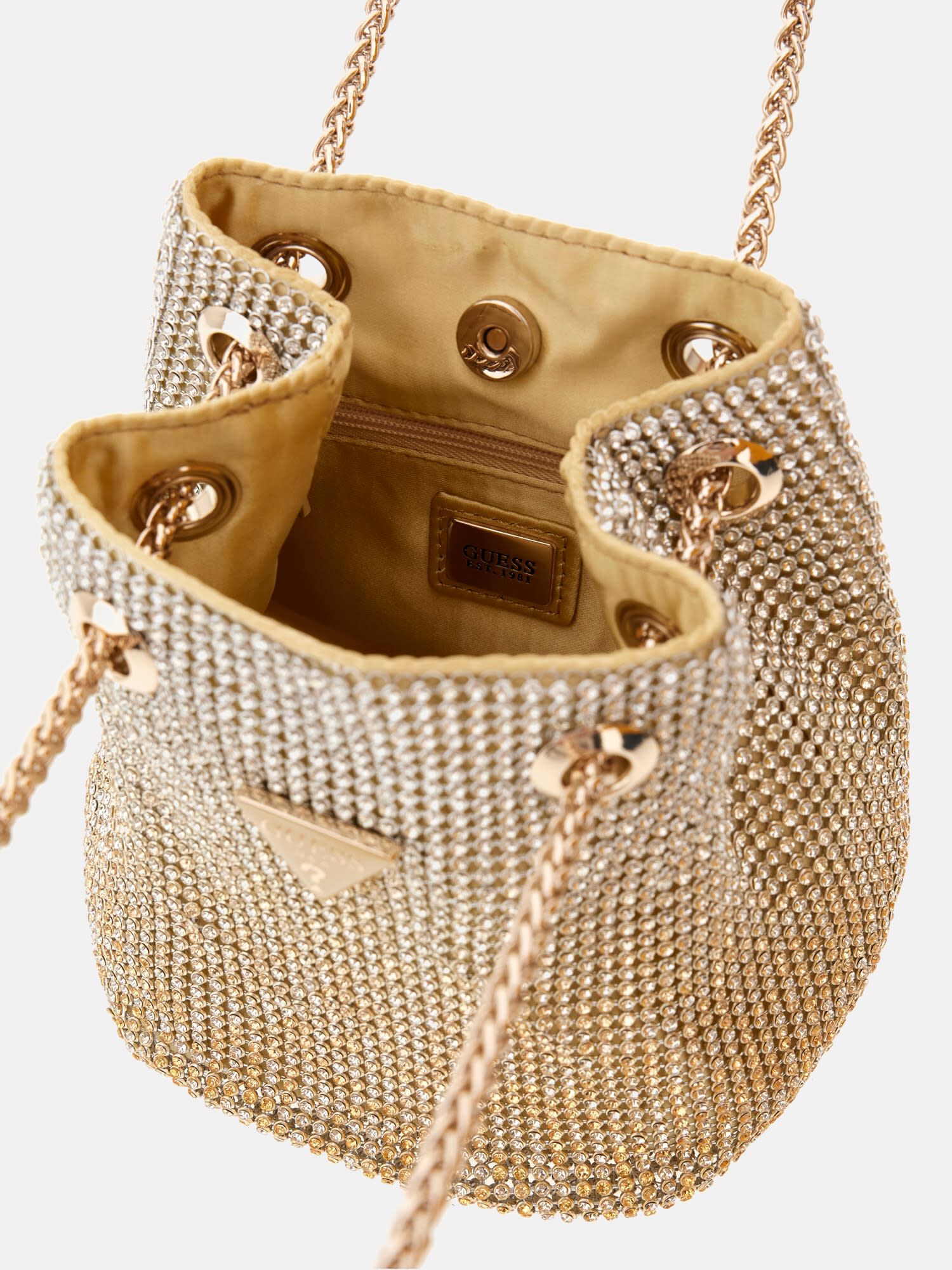 Shop GUESS Zalina Rhinestone Mini Handbag, Gold | GUESS UAE
