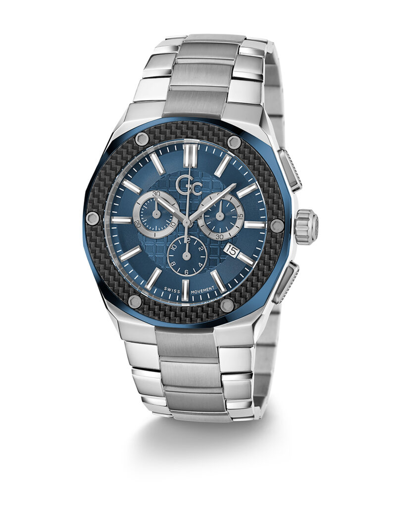 guess swiss mvt p b silver case   bclt blue pvd bezel blue dial chrono  42mm sapphire coated mineral glass