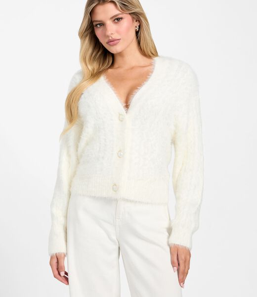 guess fuzzy cable knit cardigan