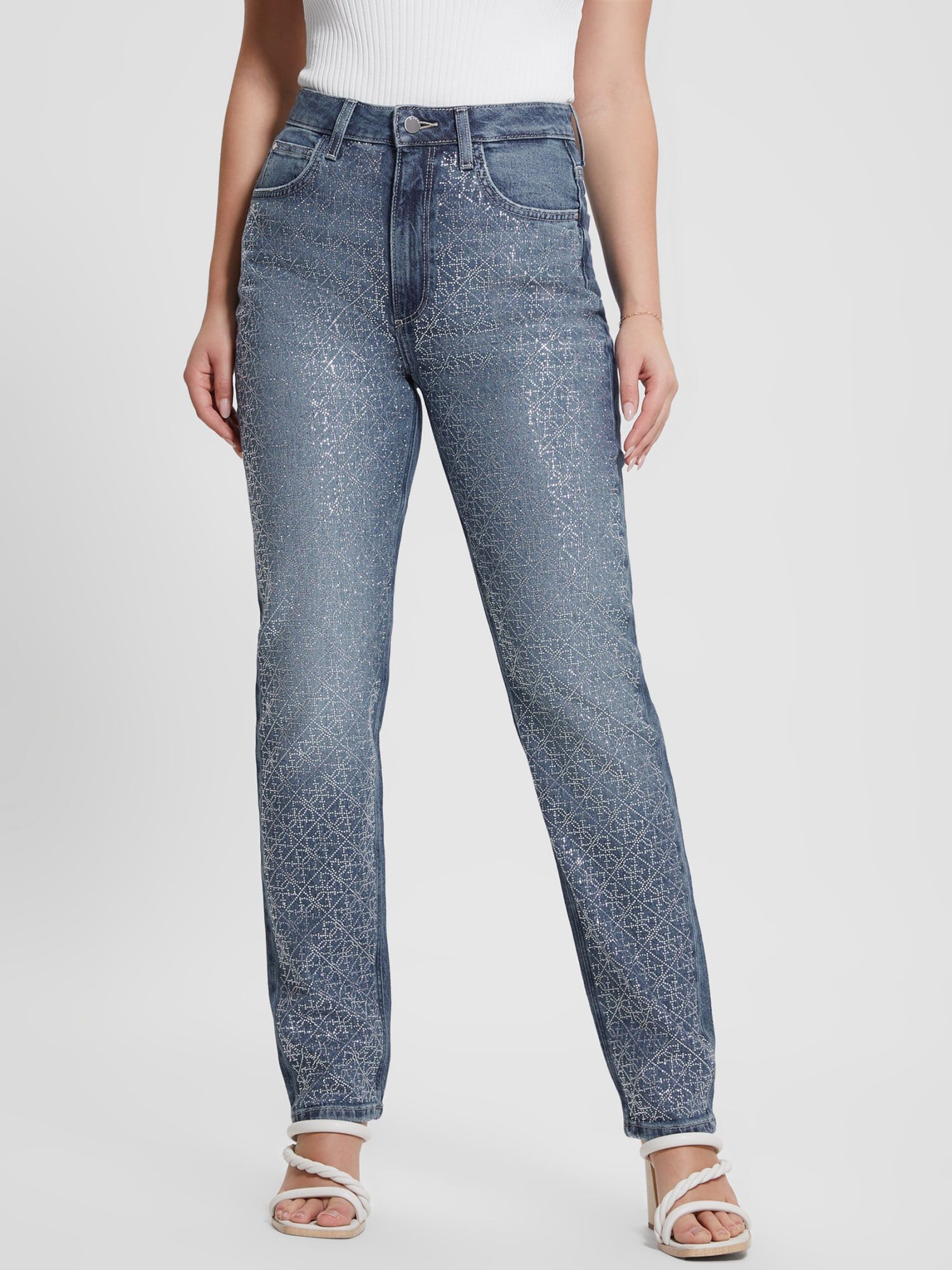 Shop GUESS Rhinestones Mom Fit Denim Pant, Blue | GUESS UAE