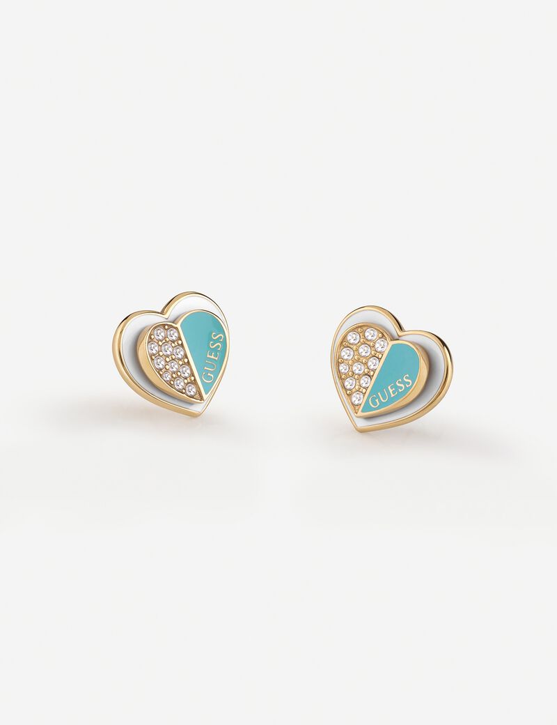 Guess Lovely Pave Double Heart Charm Turquoise Studs