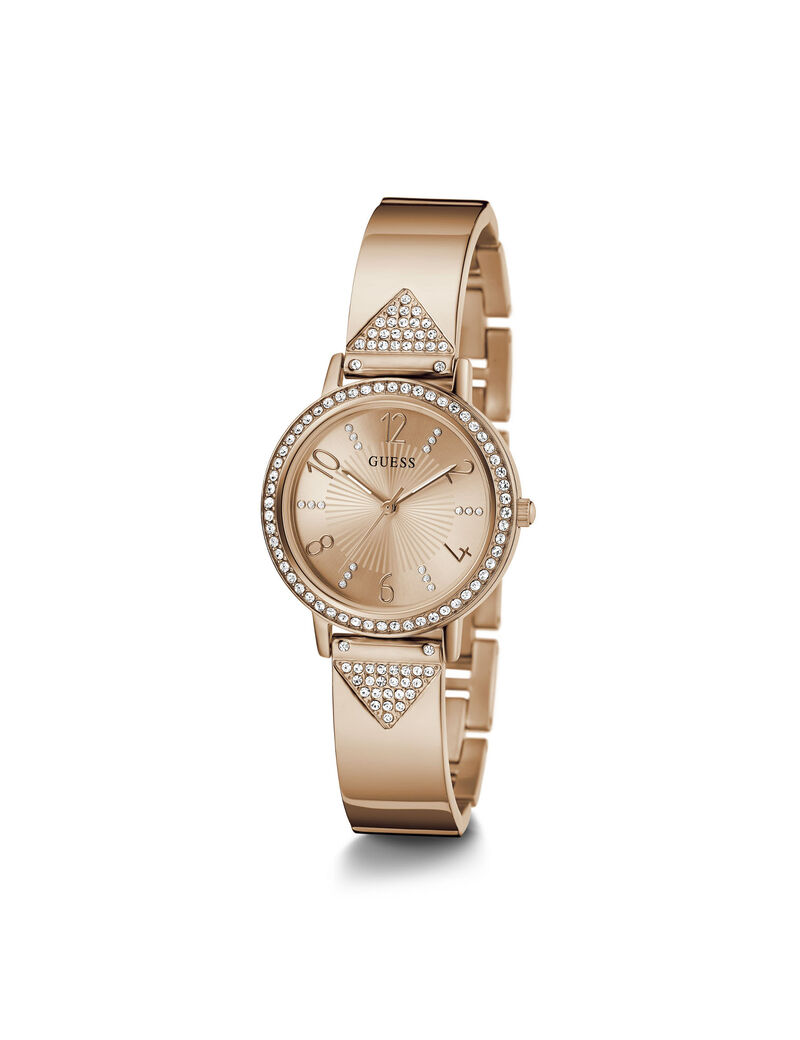 ساعة تناظرية باللون الذهبي الوردي