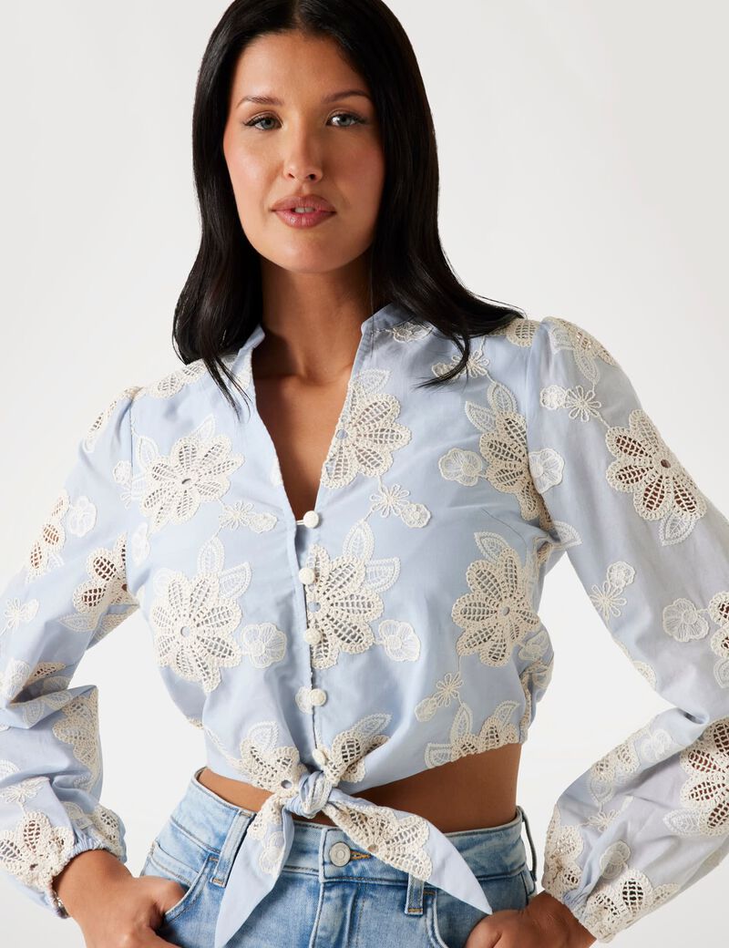 guess embroidered tie front blouse